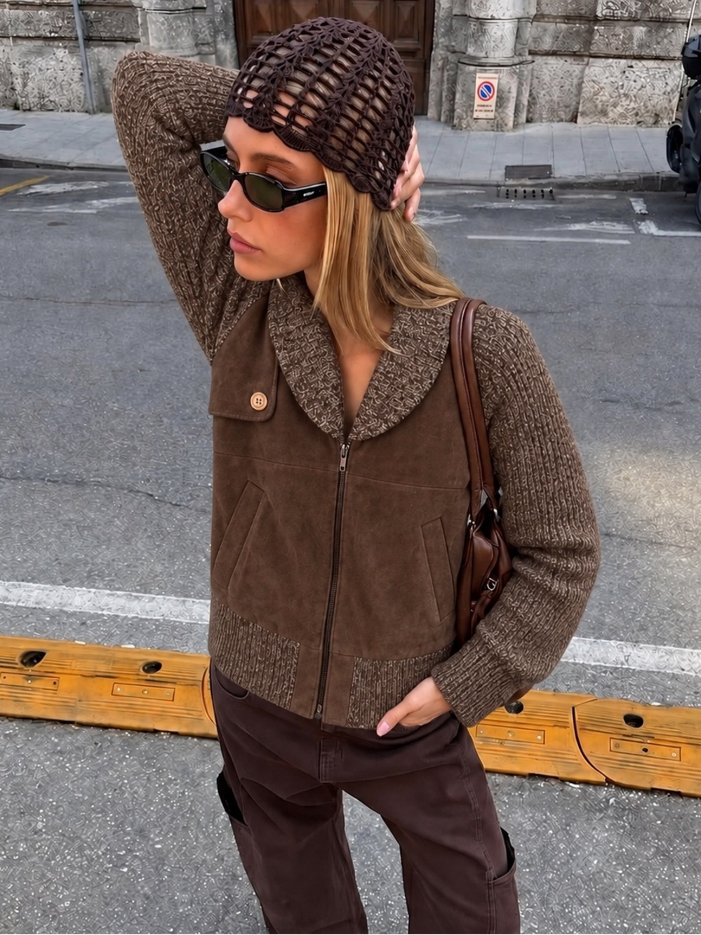 70s Boho Western Brown Suede Leather Knit Jacket Cottagecore Vintage